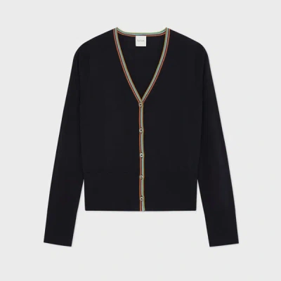Paul Smith Women's Navy Merino 'signature Stripe' Trim Cardigan Blue In Black