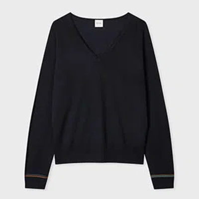 Paul Smith Women's Navy Merino Wool V Neck Sweater Blue In Black