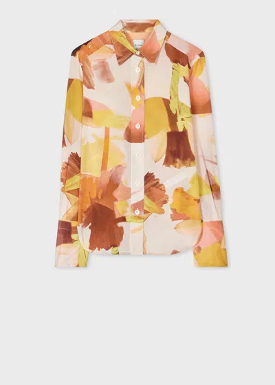 Paul Smith Women's Orange 'floral Paint' Silk Shirt Red