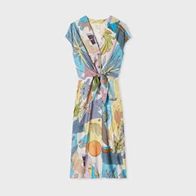 Paul Smith Women's Tie Front Pastel 'river Collage' Midi Dress Blue In Multi