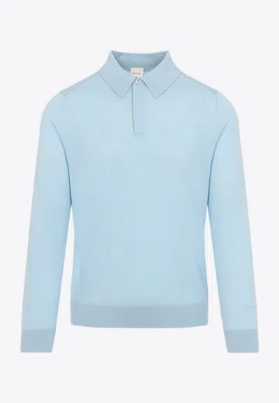 Paul Smith Sky Blue Merino Wool Kntted Long-sleeve Polo Shirt