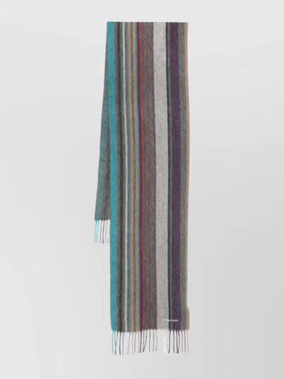 Paul Smith Woolen Scarf With Fringed Edge And Stripes In Grey