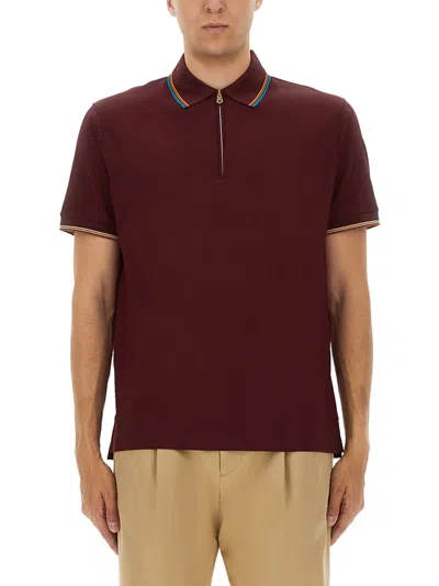 Paul Smith Zip Polo Ribbed Cuffs In Brown