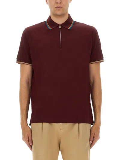 Paul Smith Zip Polo With Contrasting Striped Accents In Brown
