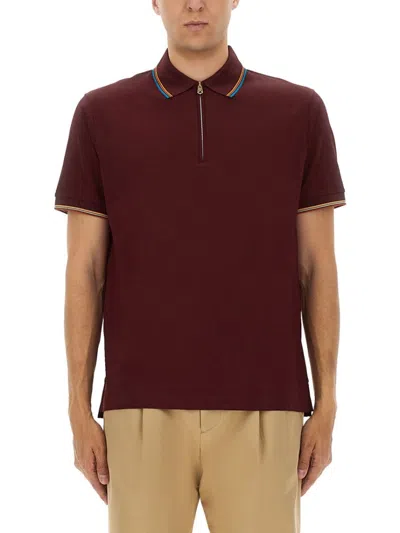 Paul Smith Zip Polo Ribbed Cuffs In Brown