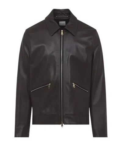 Paul Smith Zippered Long-sleeved Leather Jacket In Brown