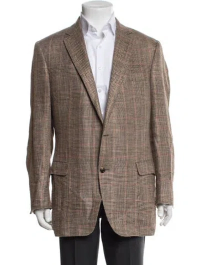 Pre-owned Paul Stuart Linen Plaid Print Blazer In Brown