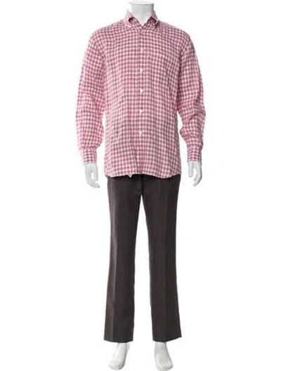 Pre-owned Paul Stuart Linen Plaid Print Dress Shirt In Pink