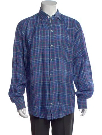 Pre-owned Paul Stuart Linen Plaid Print Shirt In Blue