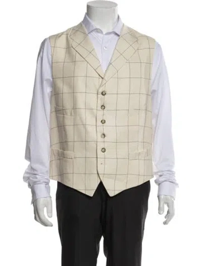 Pre-owned Paul Stuart Linen Plaid Print Suit Vest W/ Tags In Neutrals