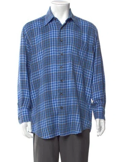 Pre-owned Paul Stuart Plaid Print Long Sleeve Dress Shirt In Blue