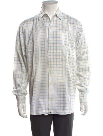 Pre-owned Paul Stuart Plaid Print Long Sleeve Dress Shirt In White