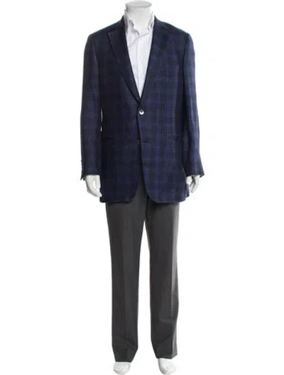 Pre-owned Paul Stuart Silk Plaid Print Blazer In Blue