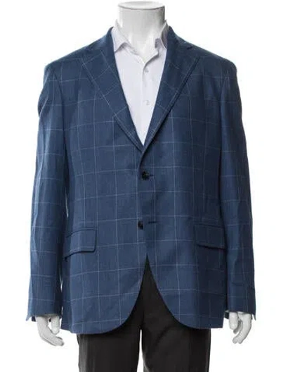 Pre-owned Paul Stuart Silk Plaid Print Blazer In Blue