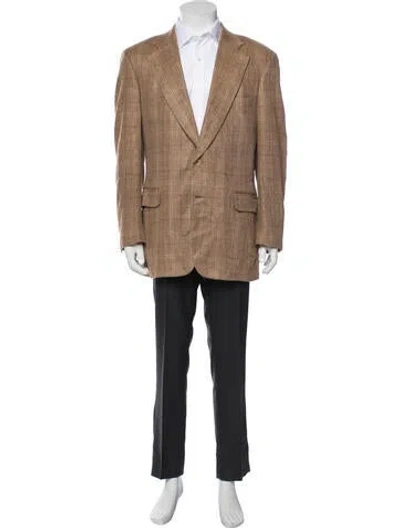 Pre-owned Paul Stuart Silk Plaid Print Blazer In Brown