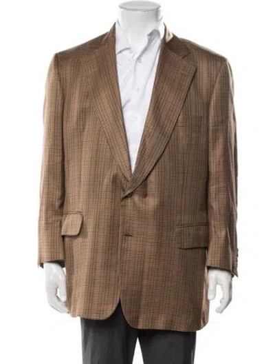 Pre-owned Paul Stuart Silk Plaid Print Blazer In Brown