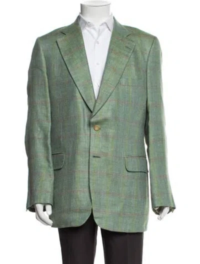 Pre-owned Paul Stuart Silk Plaid Print Blazer In Green