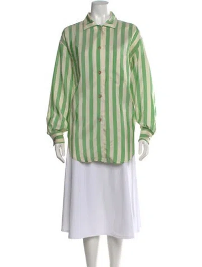 Pre-owned Paul Stuart Silk Striped Button-up Top In Green
