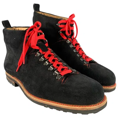 Pre-owned Paul Stuart Size 12 Black Red Textured Leather Lace Up Boots