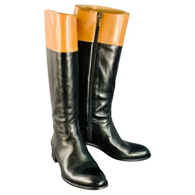 Pre-owned Paul Stuart Size 7.5 Black Tan Leather Side Zipper Riding Boots