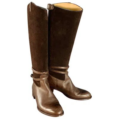 Pre-owned Paul Stuart Size 7.5 Brown Leather Belted Back Zipper Riding Boots