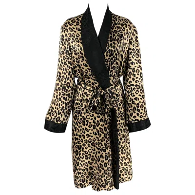 Pre-owned Paul Stuart Size M Black Beige Satin Animal Print Belted Bathrobe