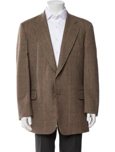 Pre-owned Paul Stuart Wool Houndstooth Print Blazer In Brown
