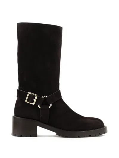 Paul Warmer Biker Buckle-detail Suede Boots In Brown