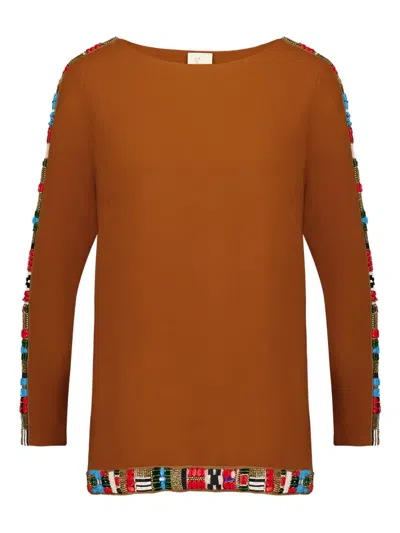 Paula Beaded Boat-neck Top In Brown
