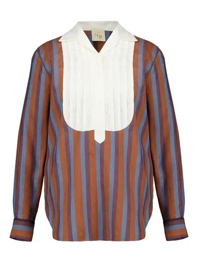 Paula Bella Striped Pleated-bib Blouse In Orange