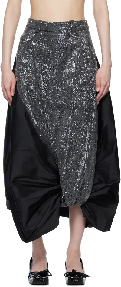 Paula Canovas Del Vas Black Boletus Midi Skirt In Sequins & Black Taff