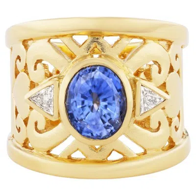 Pre-owned Paula Crevoshay 18k Yellow Gold, "blue Majesty" Sapphire & Diamond Ring By
