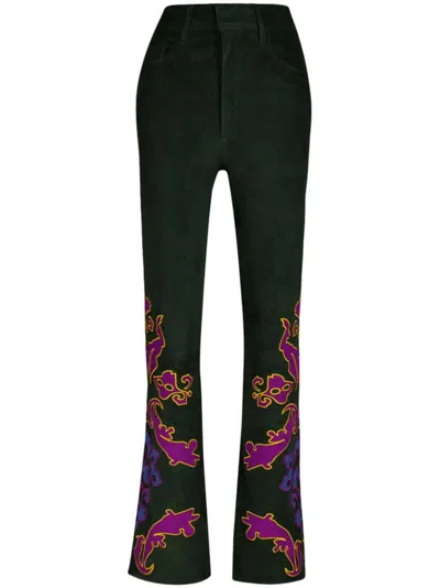 Paula Embroidered Suede Trousers In Green