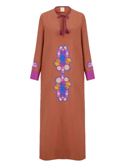 Paula Embroidered-patchwork Linen Dress In Brown