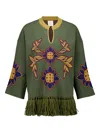 Paula Fringe-embellished Floral Tunic In Green