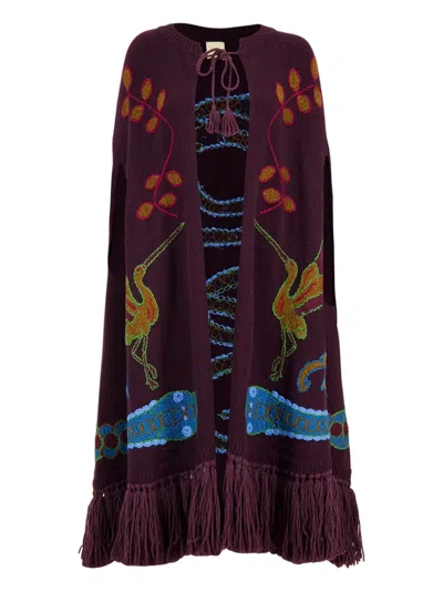 Paula Hand-embroidered Knitted Cape In Purple
