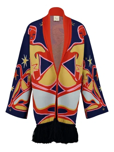 Paula Jacquard Fringed Cardigan In Blue