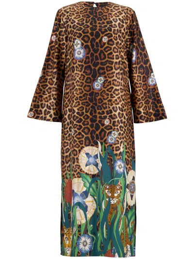Paula Printed Silk Dress In Brown