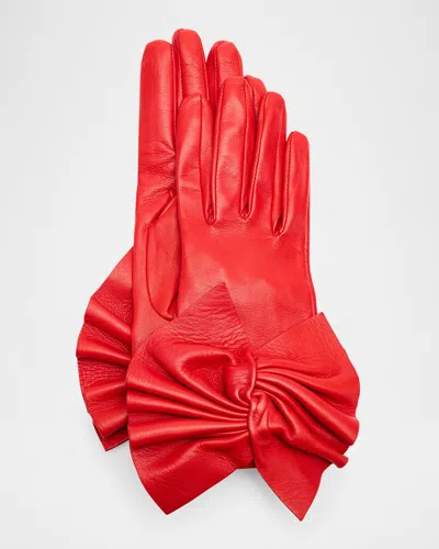 Paula Rowan Minnie Twisted Bow Leather Gloves In Red