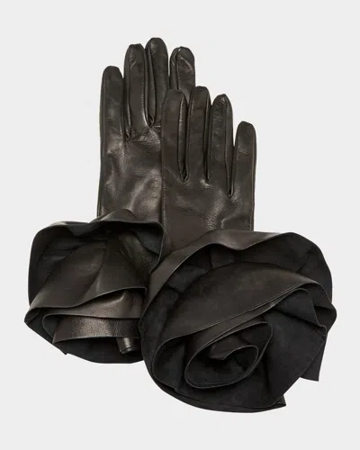 Paula Rowan Peony Rose Leather Gloves In Black