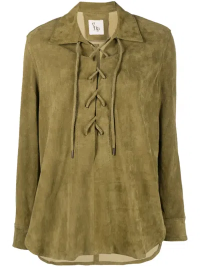 Paula Spread-collar Leather Blouse In Green