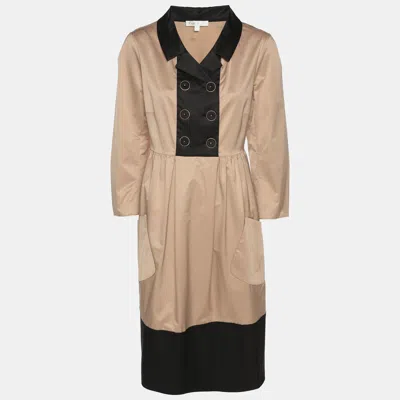 Paule Ka Beige/black Satin Long Sleeve Shirt Midi Dress In Brown