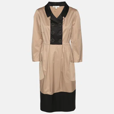 Pre-owned Paule Ka Beige/black Satin Long Sleeve Shirt Midi Dress M In Sand