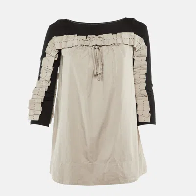 Paule Ka Black /beige Cotton Ruched Detail Top In Neutral