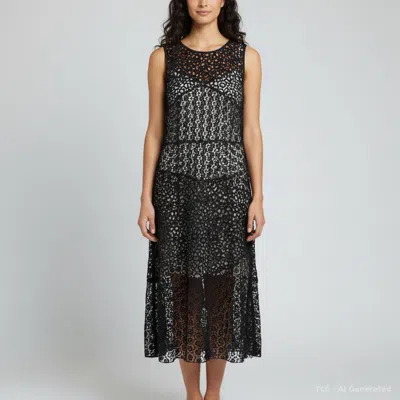 Paule Ka Black Guipure Lace Sheer Sleeveless Midi Dress