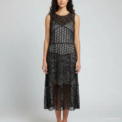 Pre-owned Paule Ka Black Guipure Lace Sheer Sleeveless Midi Dress L