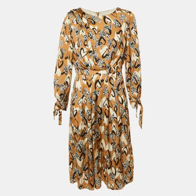 Pre-owned Paule Ka Brown Heart Print Satin Midi Dress L