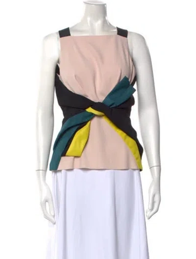 Pre-owned Paule Ka Colorblock Pattern Square Neckline Top In White