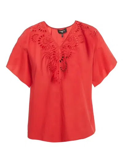 Pre-owned Paule Ka Cotton Embroidery Blouse In Red