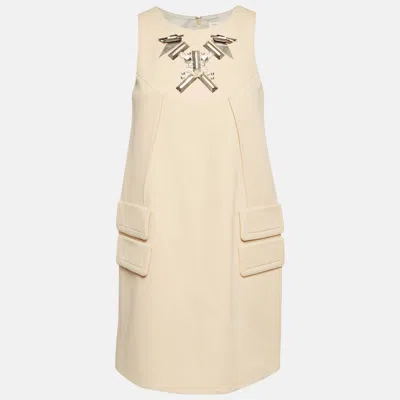 Paule Ka Cream Metal Embellished Stretch Crepe Mini Shift Dress In White